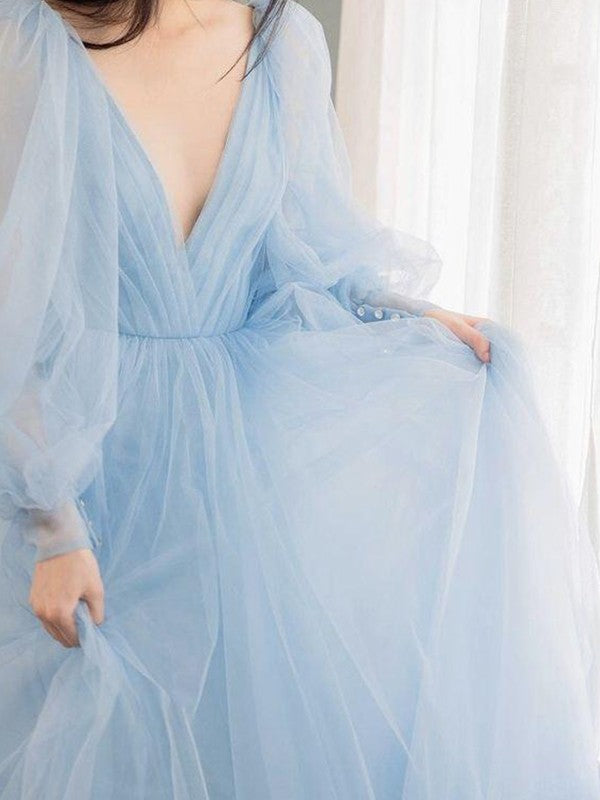 Vestidos de tul con volantes, escote en V, mangas largas y cola larga